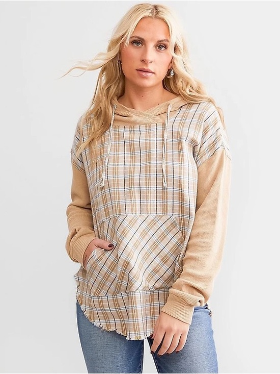 BKE Tops - BKE |  Buckle Tan Plaid Crewneck Hoodie w/kangaroo Pocket Sz L